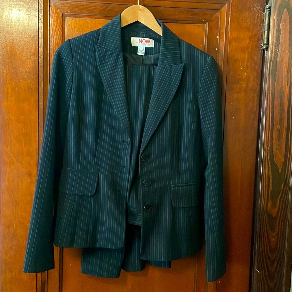 Navy blue pinstripe pantsuit